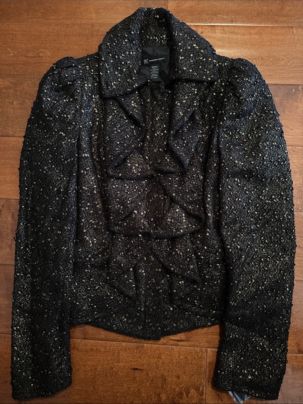 INC International Concepts Black Textured Ruffle-Front Blazer